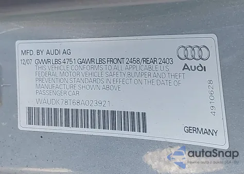 2008 Audi A5 3.2L из США, поврежденный, VIN WAUDK78T68A023921